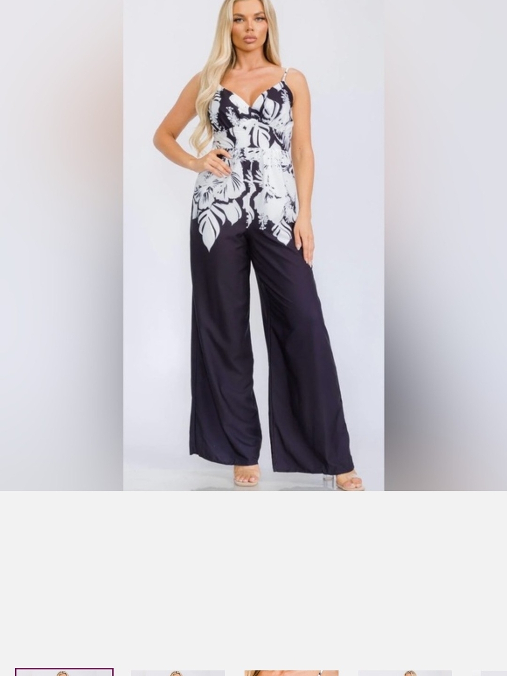 Tropical Floral Wide Leg Jumpsuit - Black & White V-Neck Sleeveless